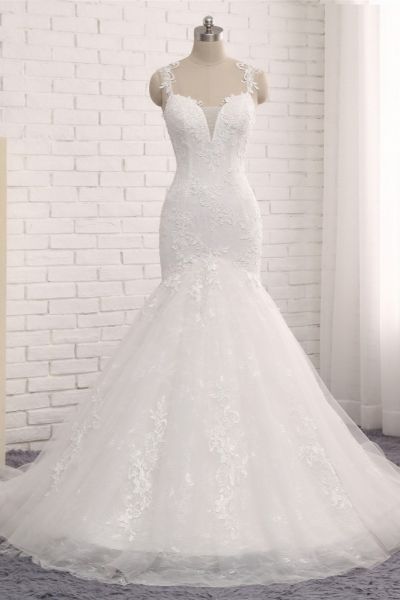 Mermaid Straps Court Train Tulle Wedding Gown With Appliques