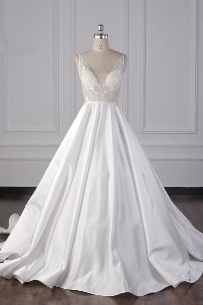 A-line Straps V-neck Sleeveless Floor-length Satin Wedding Dress With Appliques