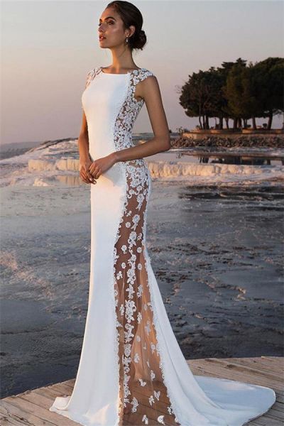 Mermaid Straps Jewel Neck Sleeveless Floor-length Tulle Formal Wear With Appliques