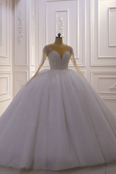 Ball Gown Jewel Neck Long Sleeves Floor-length Tulle Bridal Dress With Beading