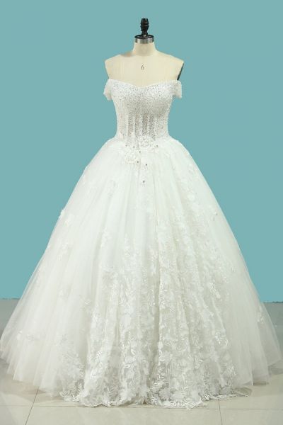 Ball Gown Off-the-shoulder Sweetheart Neck Sleeveless Floor-length Tulle Bridal Dress With Appliques