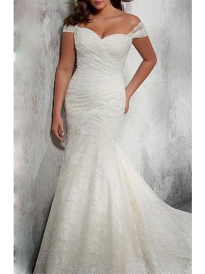 Mermaid Off-the-shoulder Cap Sleeves Court Train 100D Chiffon Bridal Attire With Lace