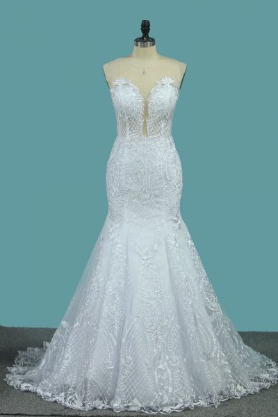Mermaid Jewel Neck Sleeveless Floor-length Tulle Wedding Gown With Appliques