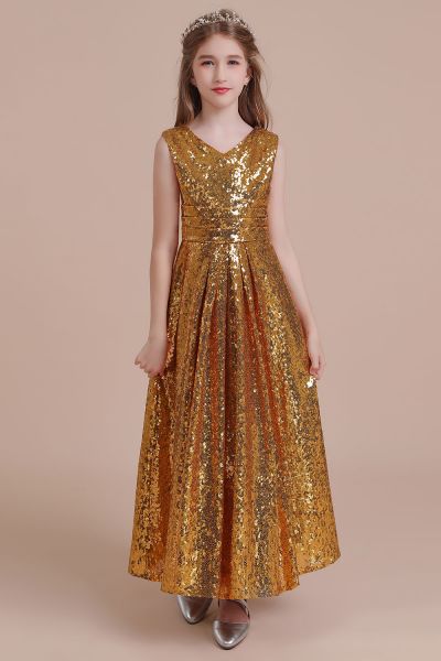 A-line V-neck Sleeveless Ankle-length Flower Girl Dress With Sequins