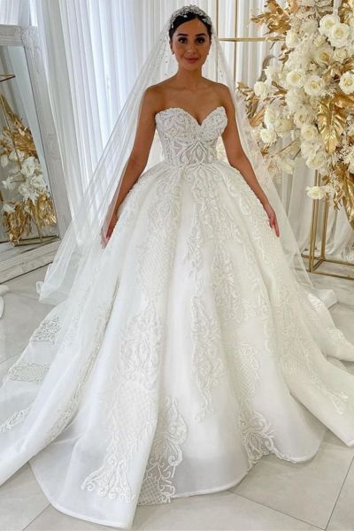 A-line Sweetheart Neck Sleeveless Sweep / Brush Train Satin Bridal Gown With Appliques