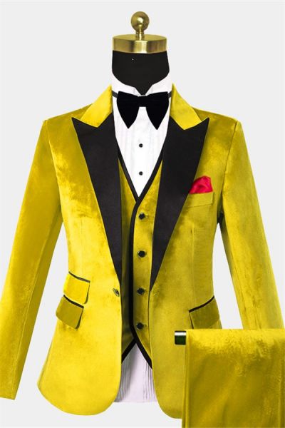 Yellow Slim Fit Velvet Tuxedo with Peak Lapel