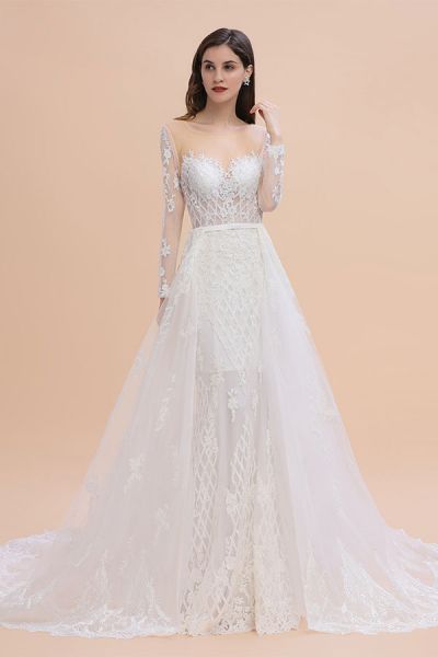 Mermaid Jewel Neck Long Sleeves Chapel Train Tulle Wedding Gown With Lace
