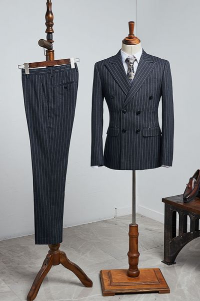 Black Striped Peaked Lapel Double Breasted Business Suit
