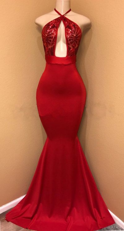 Mermaid Halter-neck Sleeveless Stretch Satin Evening Dress With Sweep / Brush Train