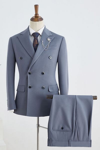 Blue Peaked Lapel Double Breasted Business Suit