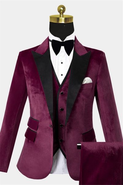 Burgundy Single Breasted Velvet Prom Suit with Peak Lapel
