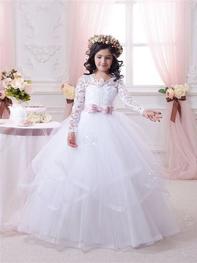 Lace-Appliques Ball-Gown Long-Sleeves Flower-Girl-Dresses