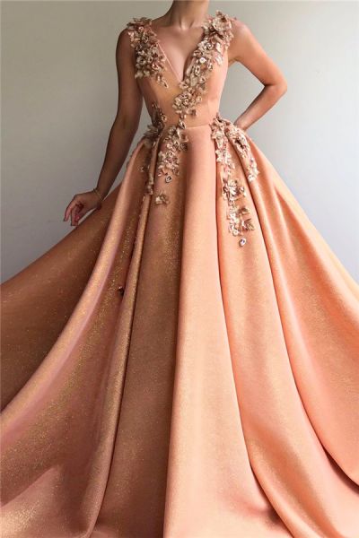 Ball Gown V-neck Sleeveless Floor-length Tulle Evening Dress With Appliques