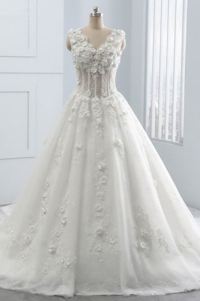 A-line Straps V-neck Sleeveless Floor-length Tulle Wedding Dress With Appliques