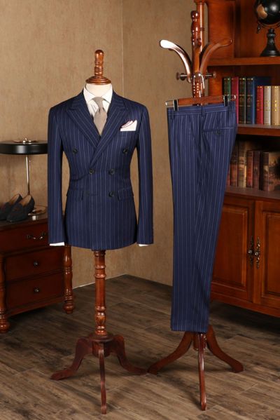 Blue Striped Double Breasted Business Suit For Men