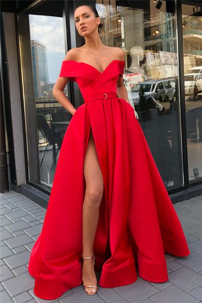 A-line Off-the-shoulder Sleeveless Sweep / Brush Train Stretch Satin Evening Gown With Split Front