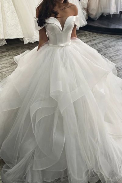 A-line Off-the-shoulder Sleeveless Floor-length Tulle Wedding Gown With Tiered