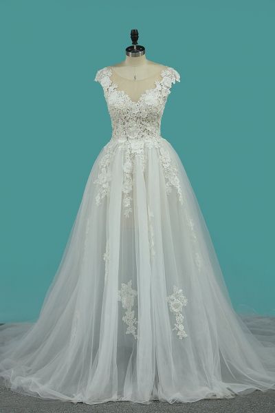 A-line Jewel Neck Sleeveless Floor-length Tulle Bridal Attire With Appliques