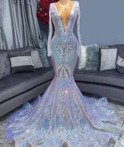 Mermaid Plunging Neckline Long Sleeves Floor-length Evening Dress With Sequins