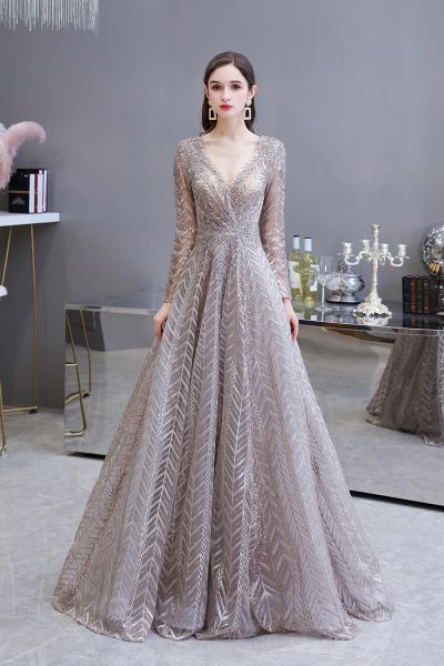 A-line V-neck Long Sleeves Sweep / Brush Train Lace Evening Dress With Pearls