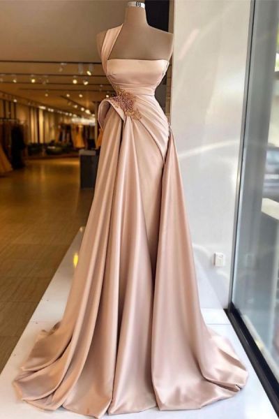 A-line One Shoulder Sleeveless Floor-length Stretch Satin Prom Dress With Ruffles