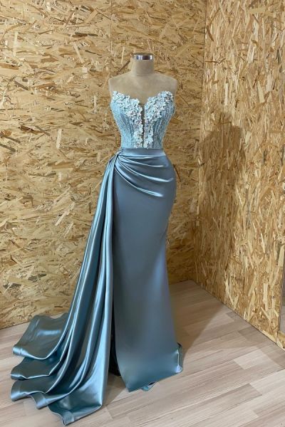 Mermaid Strapless Sleeveless Floor-length Stretch Satin Evening Dress With Appliques