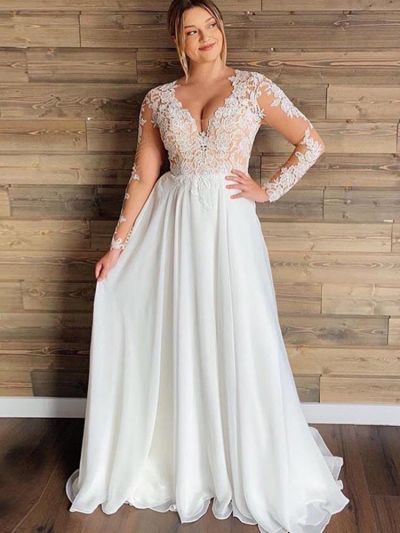V-neck Long Sleeves Tulle Bridal Dress With Ruffles