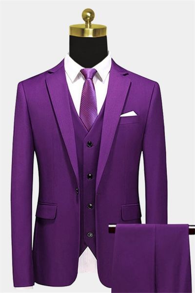 Purple Three Piece Men's Prom Suit with Notched Lapel