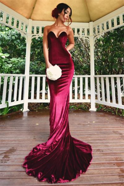 Mermaid Strapless Sleeveless Velvet Evening Dress With Sweep / Brush Train