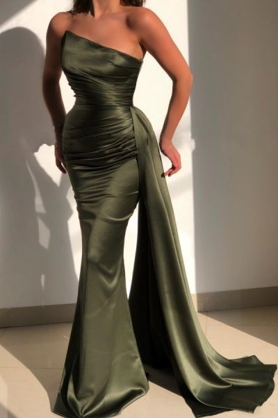 Mermaid Strapless Sleeveless Floor-length Stretch Satin Evening Dress With Ruffles