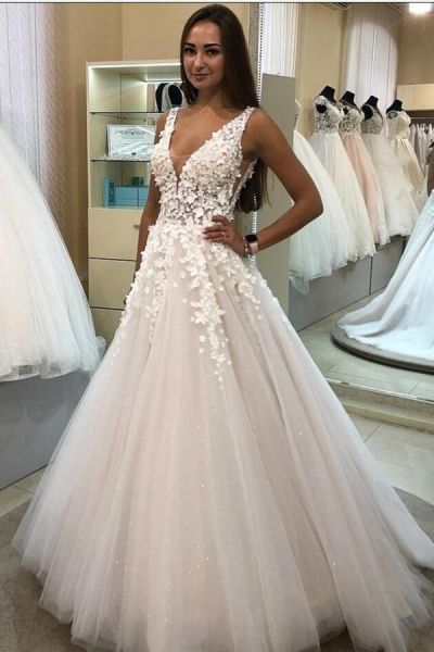A-line V-neck Sleeveless Sweep / Brush Train Tulle Wedding Gown With Lace