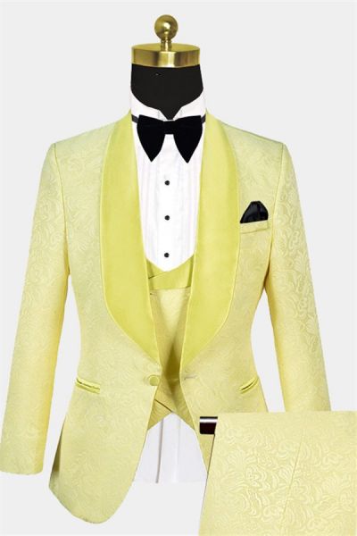 Yellow Jacquard Three-Piece Tuxedo with Shawl Lapel