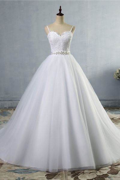 A-line Spaghetti Straps Sweetheart Neck Floor-length Tulle Bridal Gown With Appliques