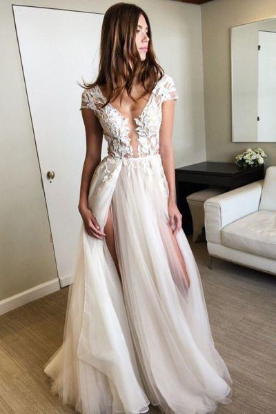 V-neck Cap Sleeves Lace Bridal Dress With Appliques