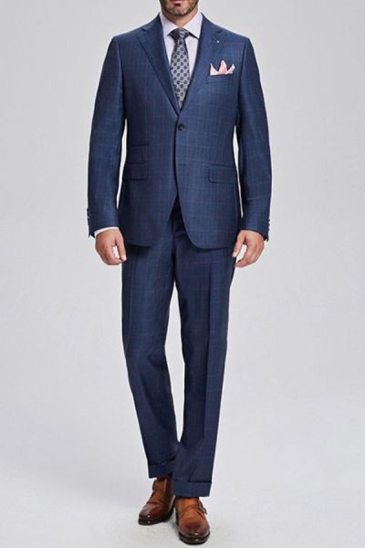 Blue Plaid Single Breasted Wool Blend Men's Business Suit with Three Flap Pockets