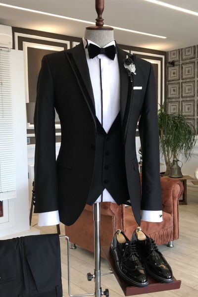 3-pieces Black Peaked Lapel Business Suit