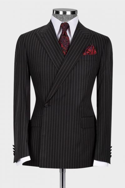Black Striped One Button Peaked Lapel Two Pieces Men Suit
