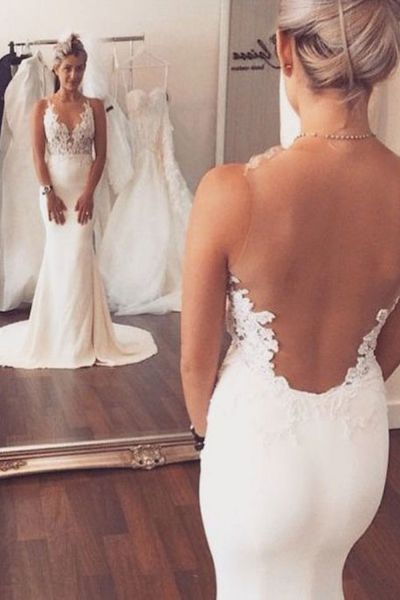 Mermaid Scoop Neck Sleeveless Sweep / Brush Train Wedding Gown With Lace