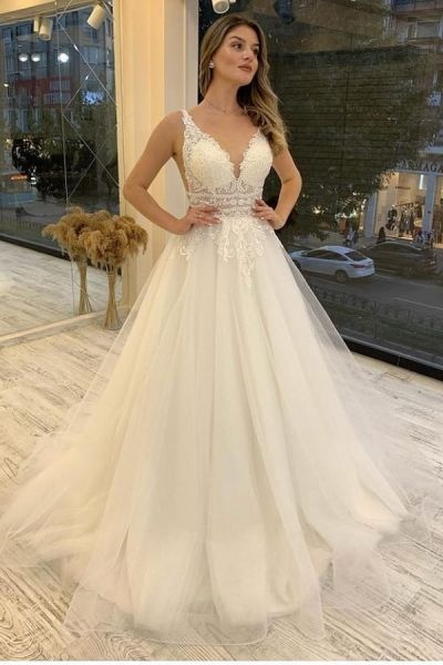 A-line V-neck Sleeveless Court Train Tulle Bridal Dress With Lace