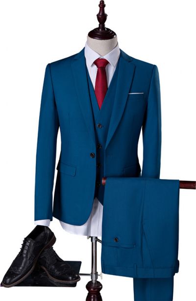 Teal Blue Formal Slim Fit Three-Piece Suit with Notch Collar