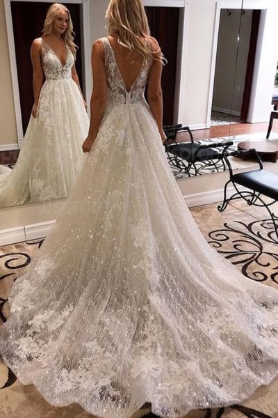 A-line Straps Sleeveless Sweep / Brush Train Wedding Gown With Lace