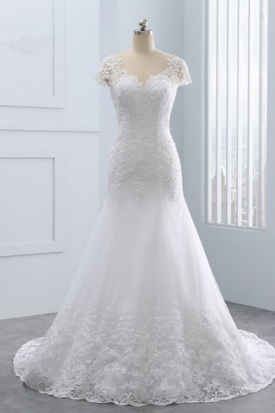 Mermaid Jewel Neck Short Sleeves Floor-length Tulle Bridal Attire With Appliques