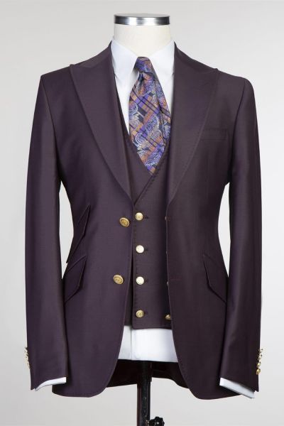 Dark Purple Three Pieces Prom Men Suit with Peaked Lapel