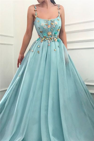 Ball Gown Spaghetti Straps Sleeveless Floor-length Tulle Party Dress With Flower(s)