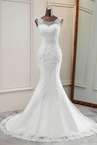 Mermaid Jewel Neck Sleeveless Floor-length Tulle Bridal Dress With Appliques
