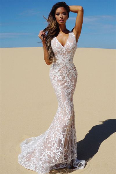 Mermaid V-neck Sleeveless Sweep / Brush Train Evening Dress With Lace