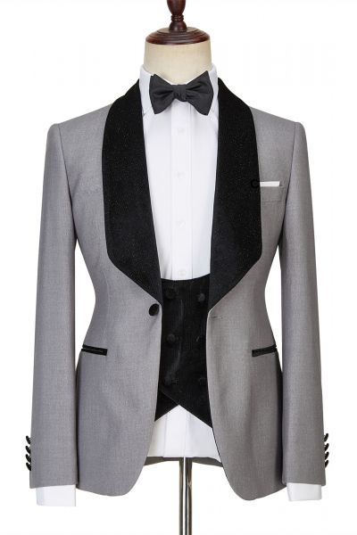 Light Gray One Button Shiny Shawl Lapel Three Pieces Wedding Men Suit