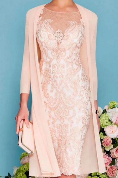 Knee Length Two Piece Sheath / Column Mother of the Bride Dress with Chiffon Lace and 3/4 Length Sleeve