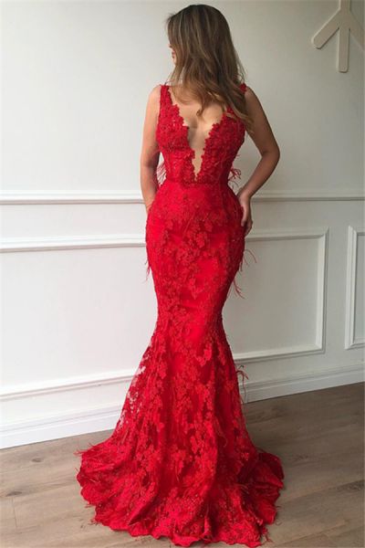 Mermaid Spaghetti Straps Sleeveless Sweep / Brush Train Lace Evening Dress With Appliques