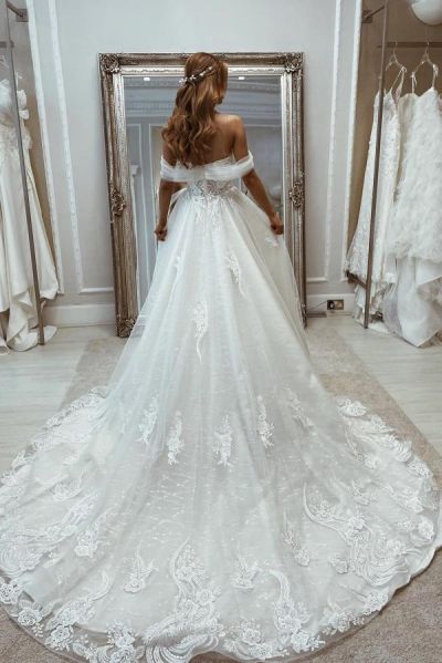 A-line Off-the-shoulder Long Sleeves Chapel Train Lace Bridal Gown With Lace